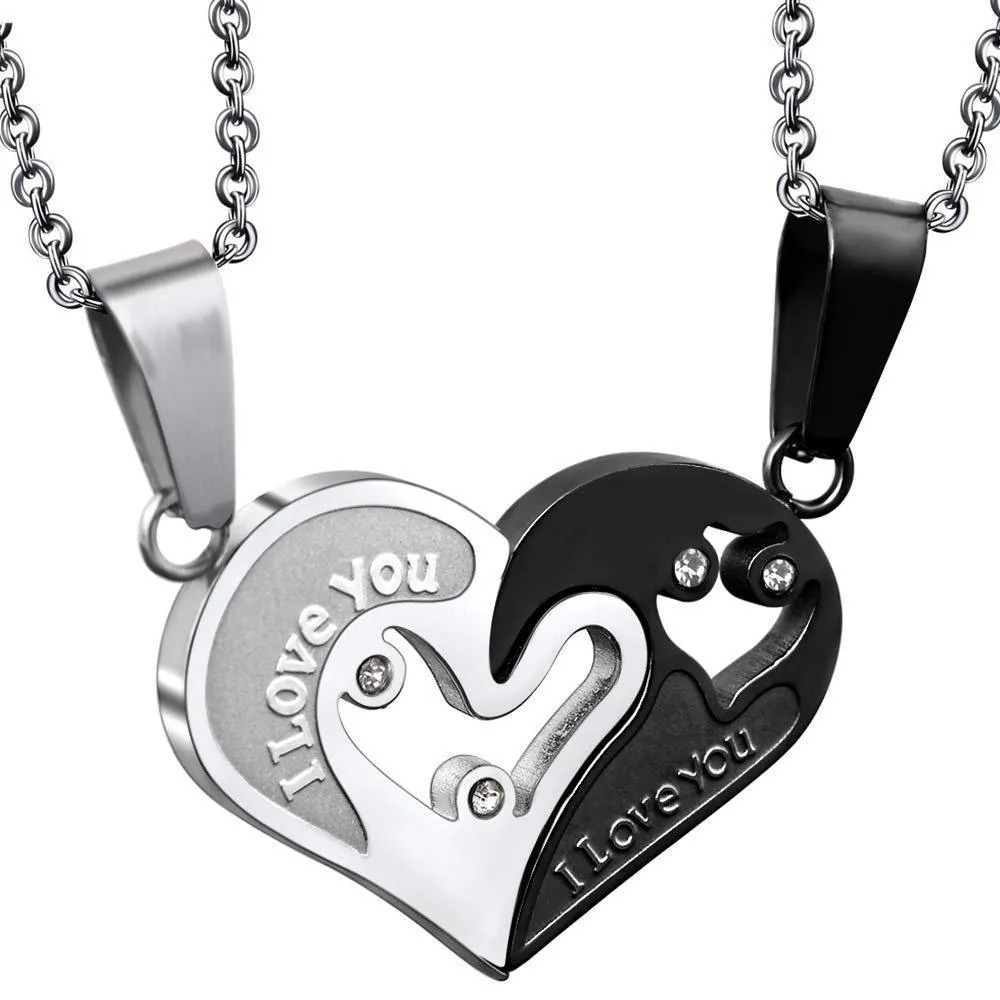 2 Pieces Set Stainless Steel Couple Necklaces His and Hers, Love Heart Necklace for Women Men Necklace Pendant, Jewelry Silver Black Heart Shaped Pendant Necklace Puzzle Matching - Chain 50CM& 55CM