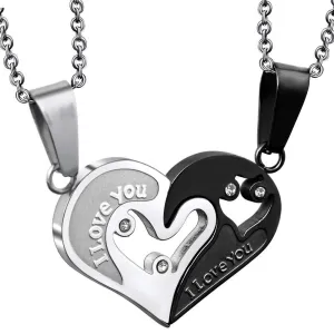 2 Pieces Set Stainless Steel Couple Necklaces His and Hers, Love Heart Necklace for Women Men Necklace Pendant, Jewelry Silver Black Heart Shaped Pendant Necklace Puzzle Matching - Chain 50CM& 55CM
