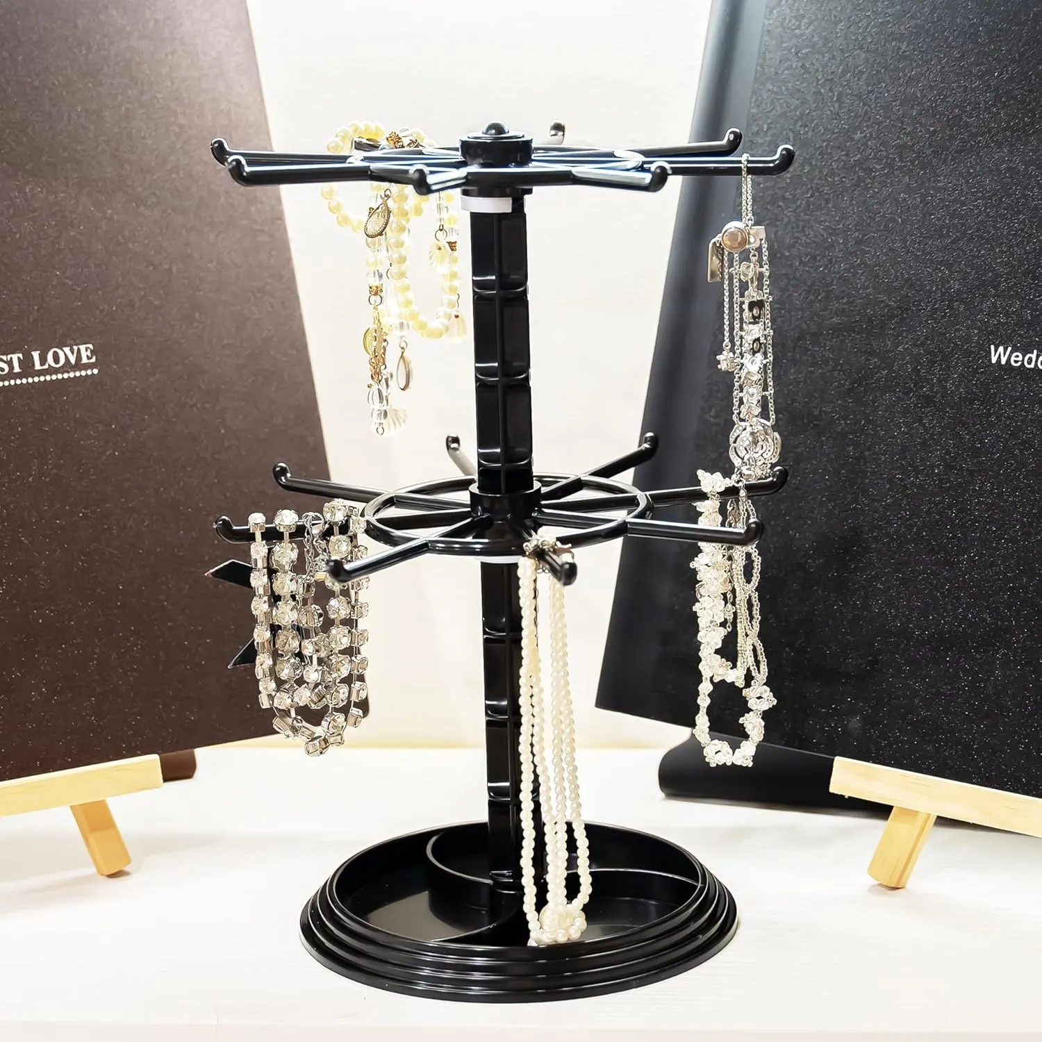 2 Tier Rotating Jewelry Display Stand, Necklace Holder, Jewelry Tree Stand, DIY Organizer for Bracelets, Necklaces, Earrings, Rings, Watches (Black)