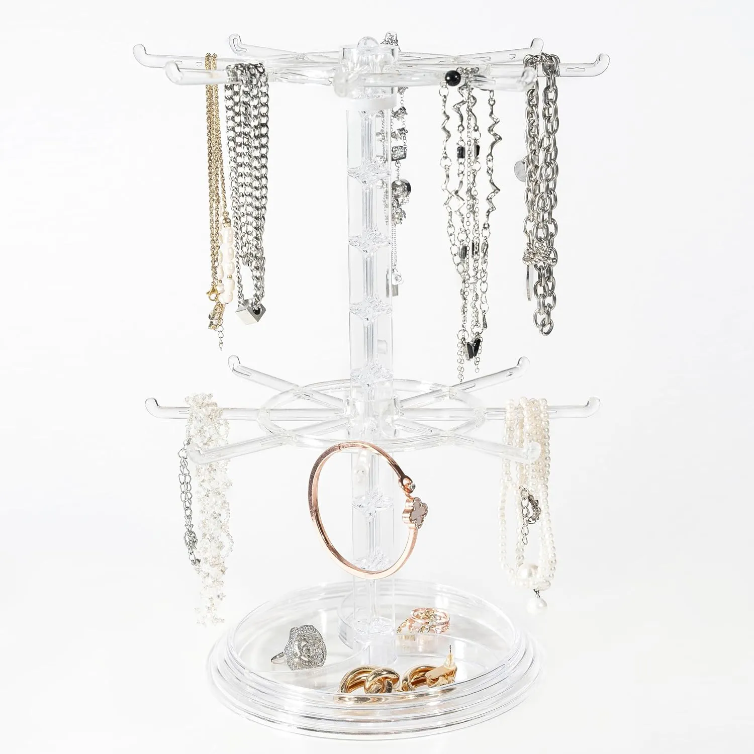 2 Tier Rotating Jewelry Display Stand, Necklace Holder, Jewelry Tree Stand, DIY Organizer for Bracelets, Necklaces, Earrings, Rings, Watches (Transparent color)