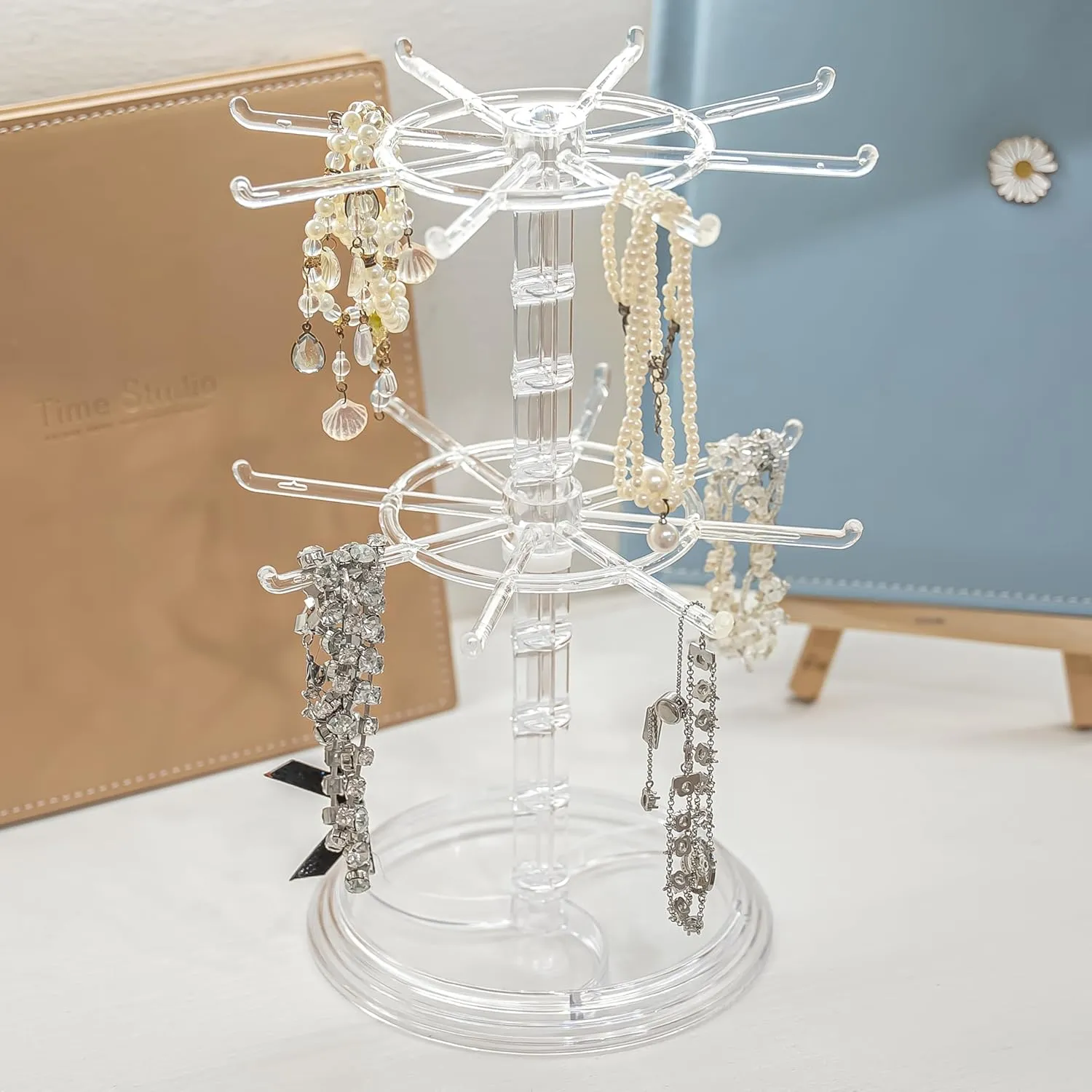 2 Tier Rotating Jewelry Display Stand, Necklace Holder, Jewelry Tree Stand, DIY Organizer for Bracelets, Necklaces, Earrings, Rings, Watches (Transparent color)