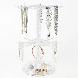 2 Tier Rotating Jewelry Display Stand, Necklace Holder, Jewelry Tree Stand, DIY Organizer for Bracelets, Necklaces, Earrings, Rings, Watches (Transparent color)