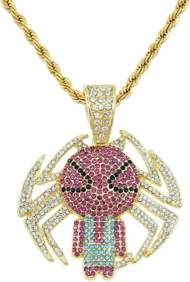 24K Gold Plated Spider Necklace for Men Halloween Popular Hip-hop Pendant with Artificial Stone Trendy Personality Fashion Classic Chain Trendsetter Cool Accessories Pewter Corded Necklaces