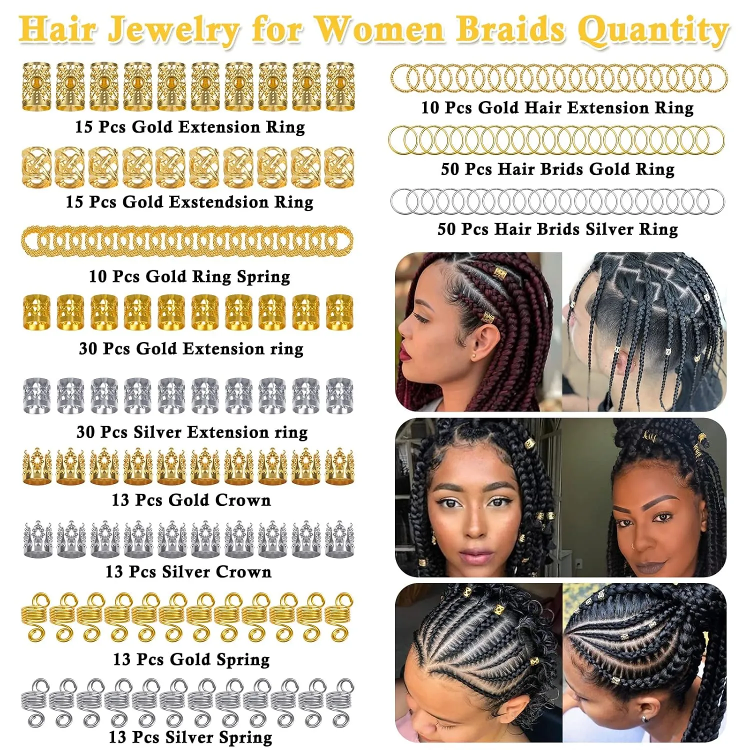 262 Pcs Dreadlock Accessories for Women, Hair Jewelry for Braids Loc Jewelry Hair Decorations, Gold and Silver Hair Accessories, Adjustable Hair Charms Hair Rings for Braids Girls Loc Braid Jewelry