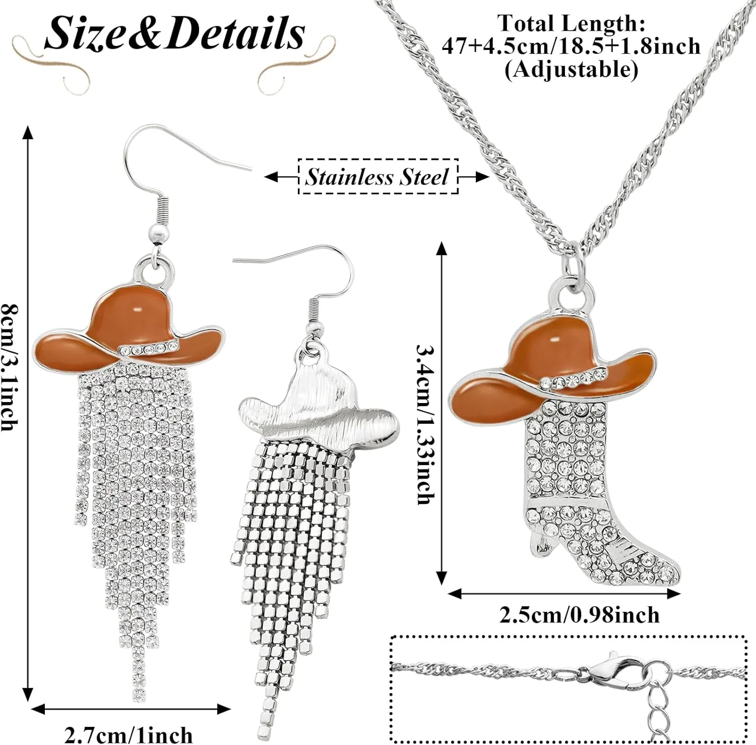 2pcs Western Earrings Necklace Jewelry Set,Sparkly Rhinestone Tassels Cowgirl Earrings Crystal Boots with Enamel Cowboy Hat Pendant Necklac for Women,Wild West Country Rustic Style