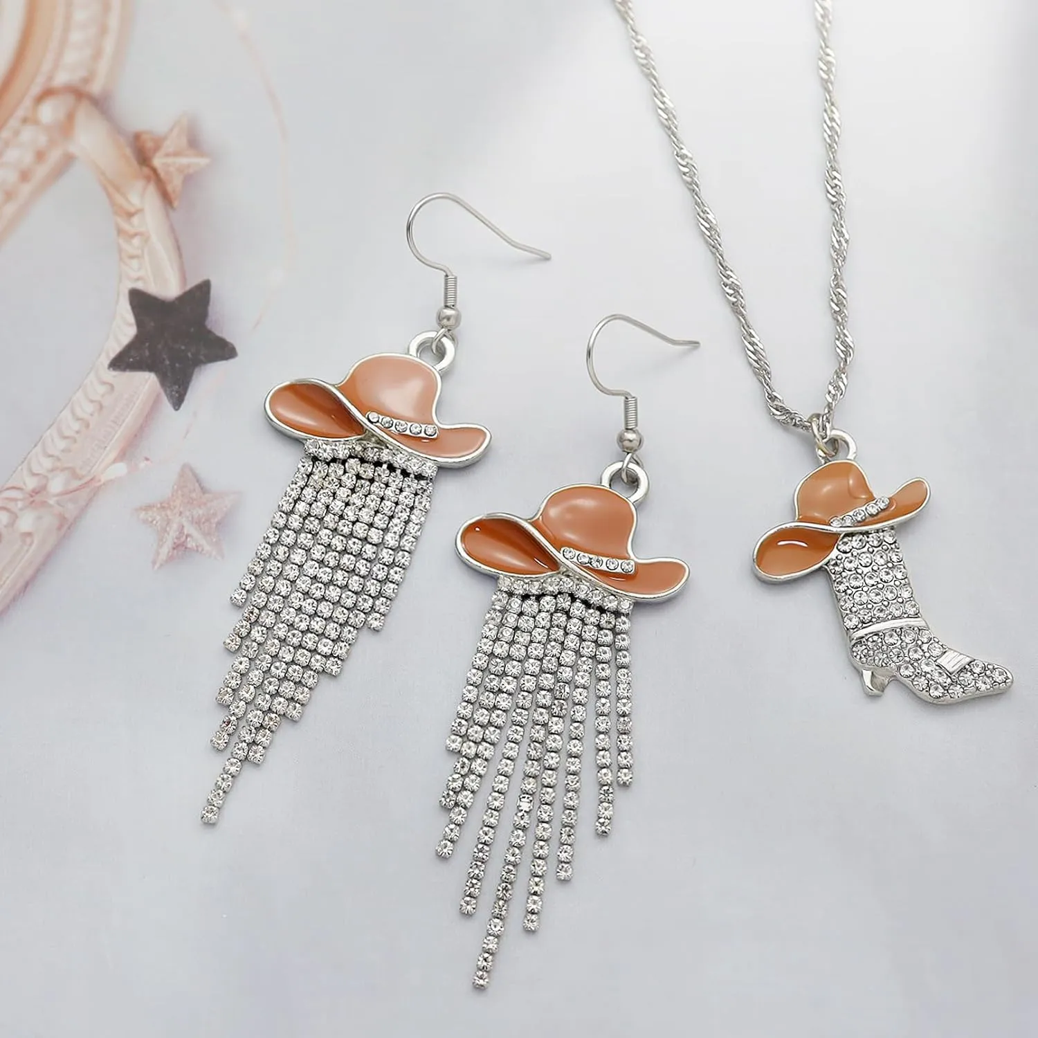 2pcs Western Earrings Necklace Jewelry Set,Sparkly Rhinestone Tassels Cowgirl Earrings Crystal Boots with Enamel Cowboy Hat Pendant Necklac for Women,Wild West Country Rustic Style