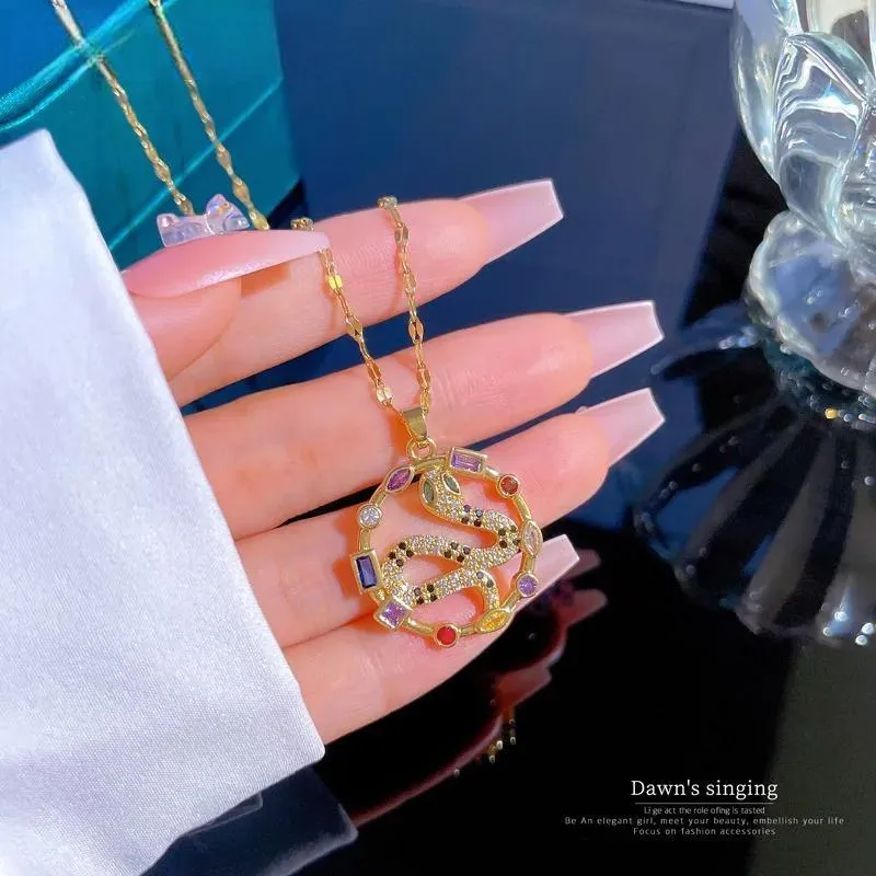 316L Stainless Steel Colorful Stone Snake Pendant Necklace For Women