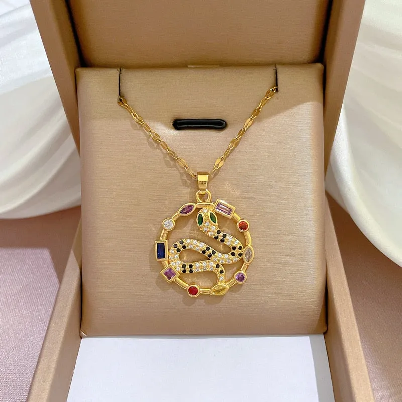 316L Stainless Steel Colorful Stone Snake Pendant Necklace For Women
