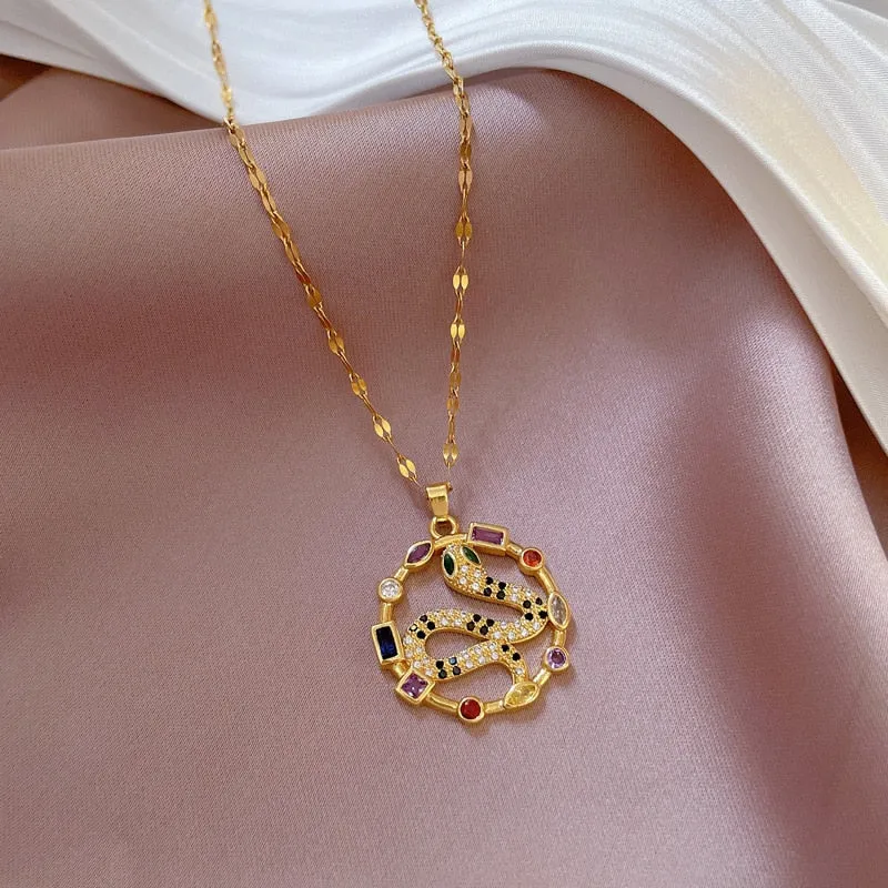 316L Stainless Steel Colorful Stone Snake Pendant Necklace For Women