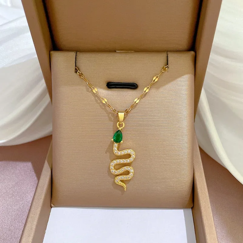 316L Stainless Steel Green Zircon Snake Pendant Necklace For Women
