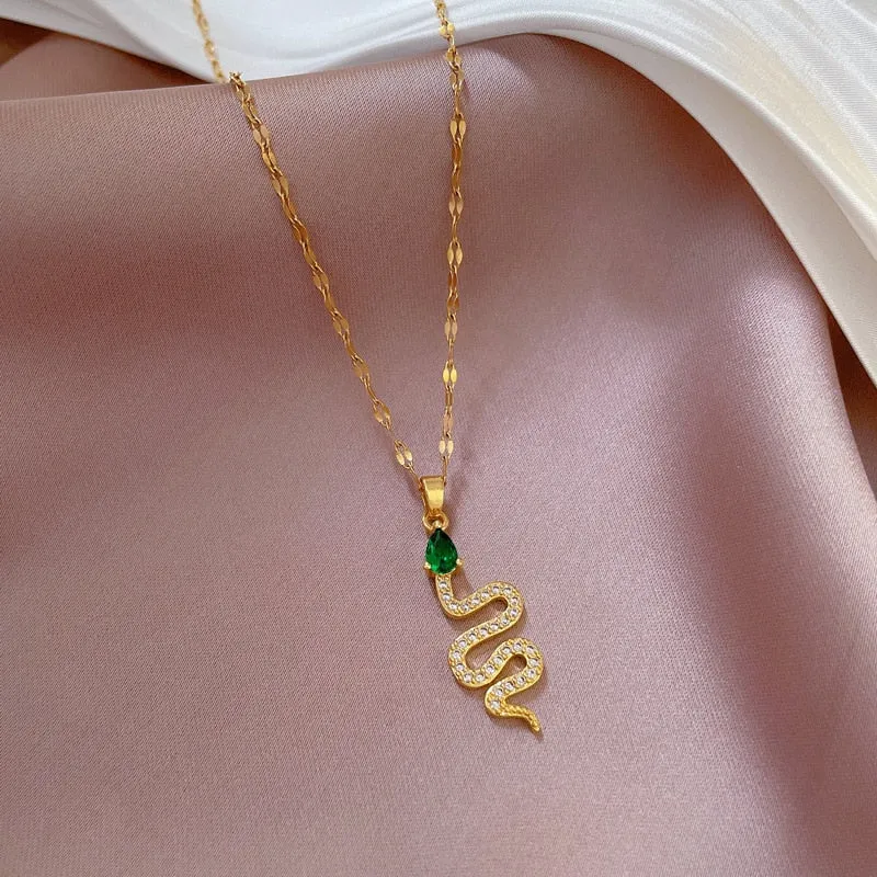 316L Stainless Steel Green Zircon Snake Pendant Necklace For Women