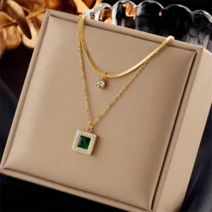 316L Stainless Steel Square Green Zircon Pendant Necklace For Women