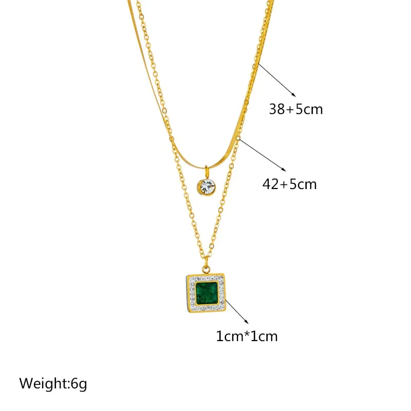316L Stainless Steel Square Green Zircon Pendant Necklace For Women