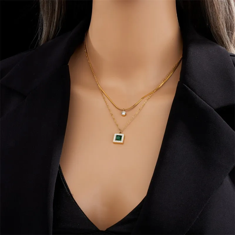 316L Stainless Steel Square Green Zircon Pendant Necklace For Women