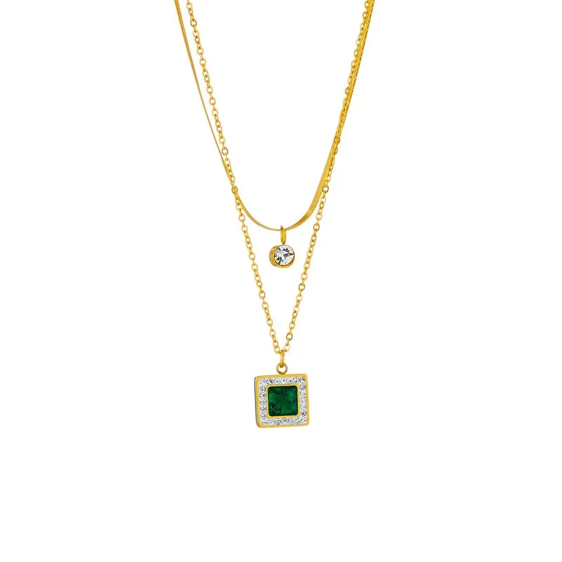316L Stainless Steel Square Green Zircon Pendant Necklace For Women