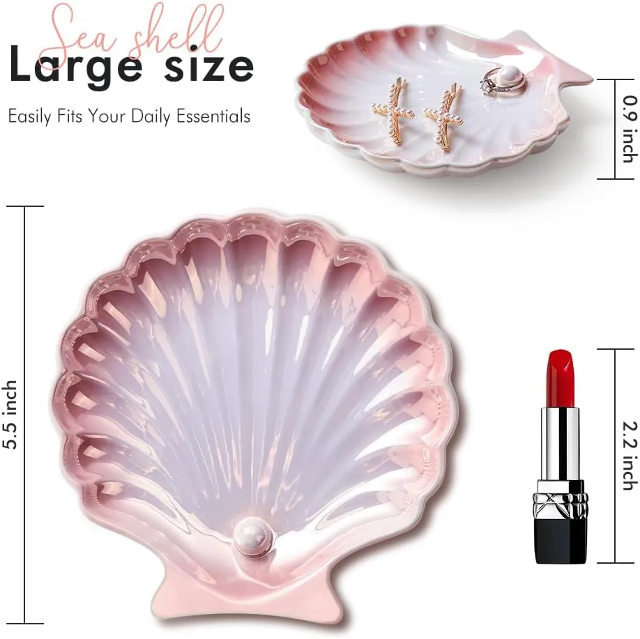 AISBUGUR Shell Ring Holder Dish, Shell Jewelry Dish, Seashell Ceramic Ring Holder Jewelry Tray Decorations, Dish for Coastal Room Decor, 5.5", Pink