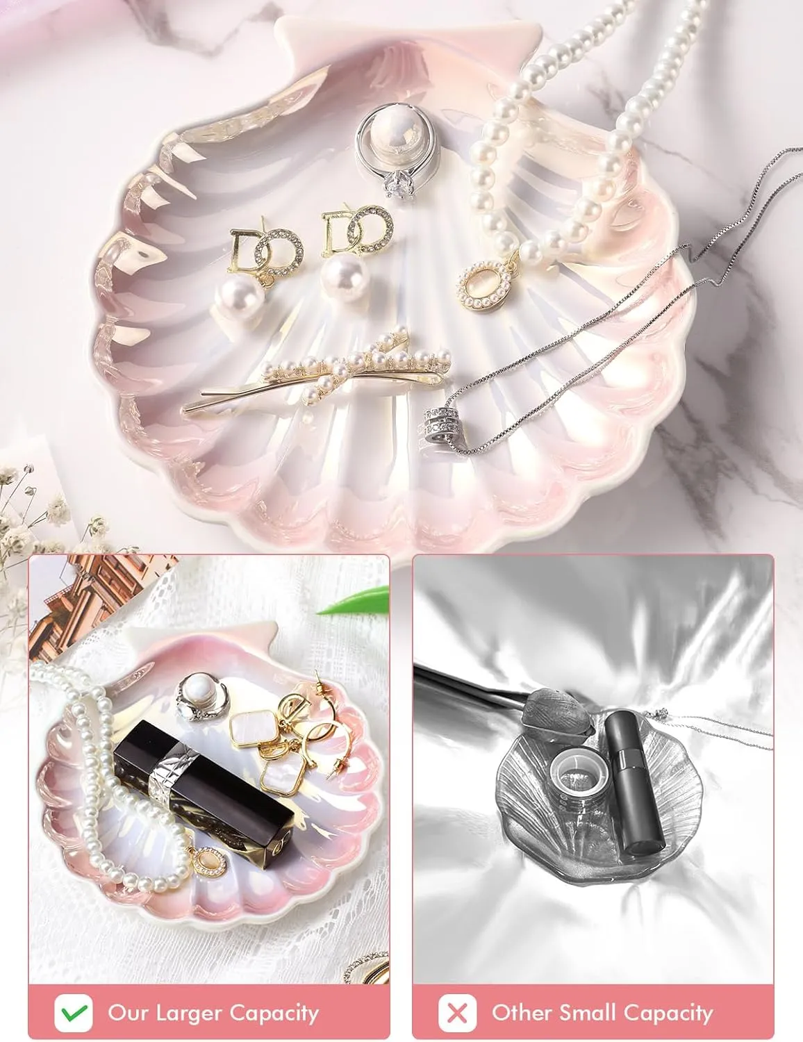 AISBUGUR Shell Ring Holder Dish, Shell Jewelry Dish, Seashell Ceramic Ring Holder Jewelry Tray Decorations, Dish for Coastal Room Decor, 5.5", Pink