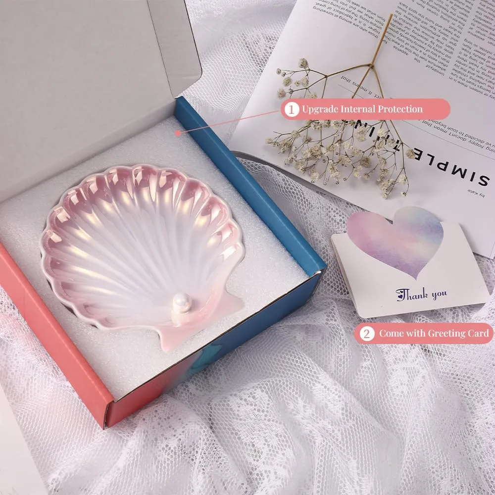 AISBUGUR Shell Ring Holder Dish, Shell Jewelry Dish, Seashell Ceramic Ring Holder Jewelry Tray Decorations, Dish for Coastal Room Decor, 5.5", Pink