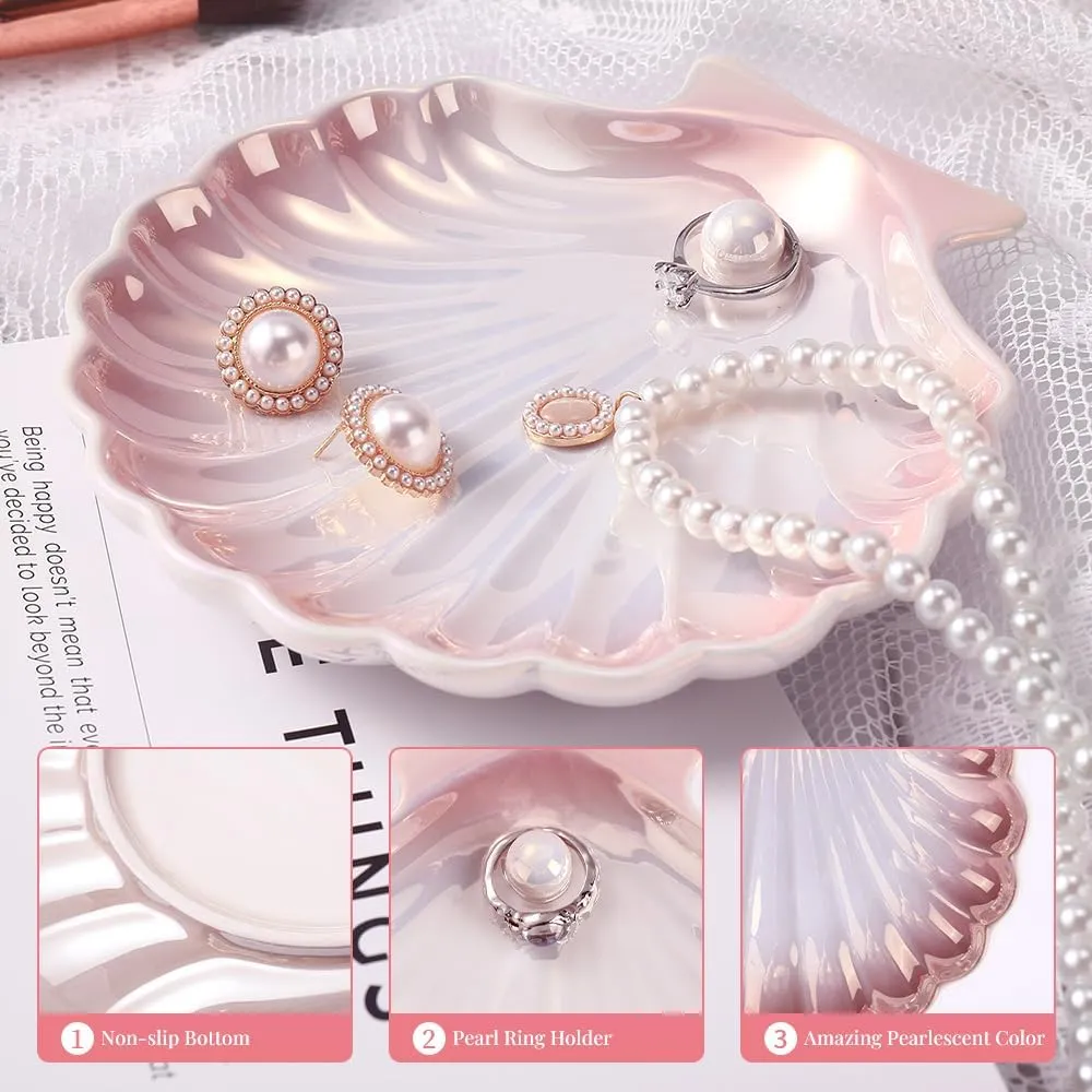 AISBUGUR Shell Ring Holder Dish, Shell Jewelry Dish, Seashell Ceramic Ring Holder Jewelry Tray Decorations, Dish for Coastal Room Decor, 5.5", Pink
