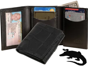 Black Alligator Luxury Designer Exotic Trifold Wallet With ID Window