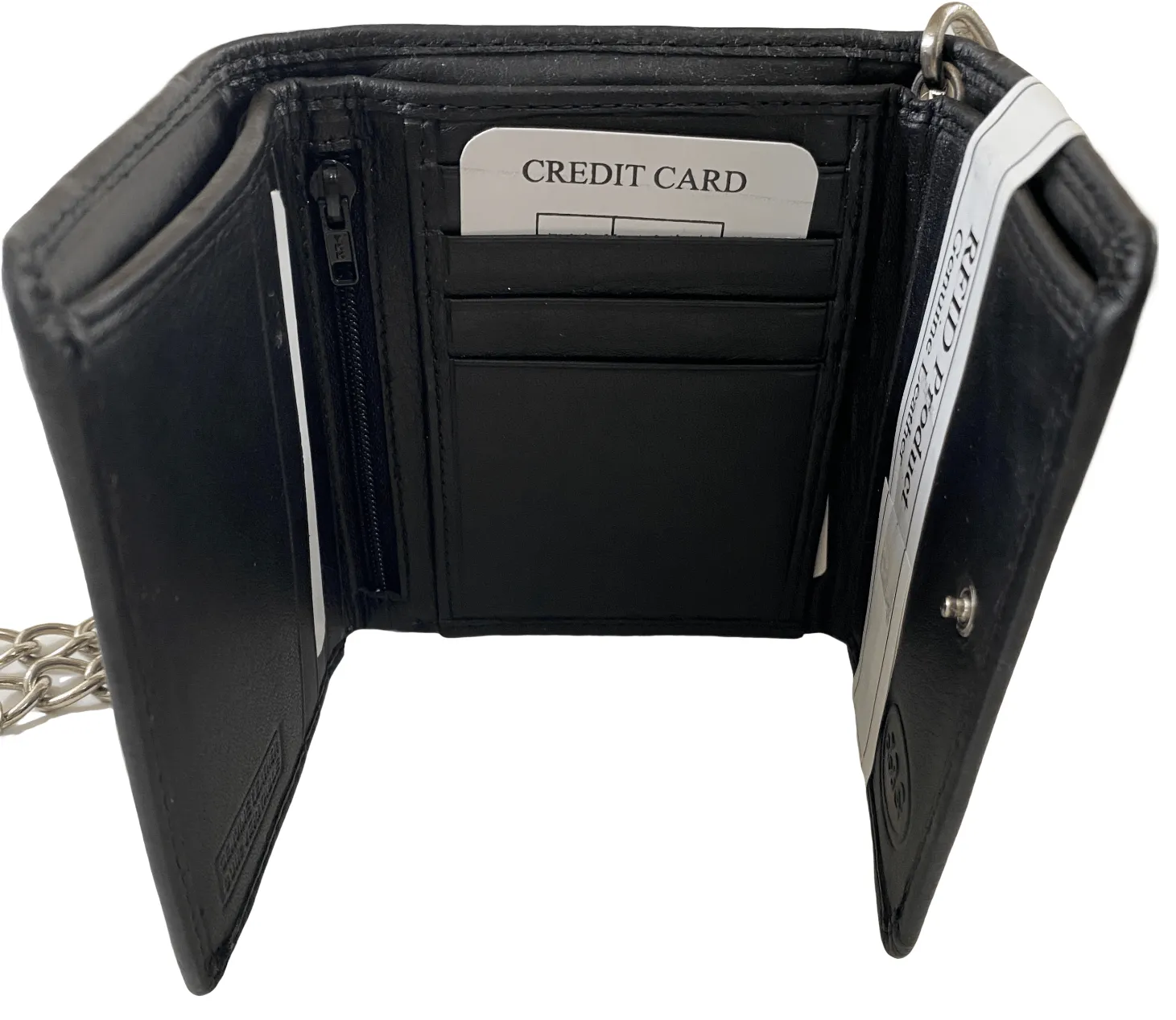 Black Chain Trifold Wallet 12 Credit Card Slots Zipper Pouch with Genuine Leather