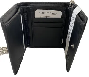 Black Chain Trifold Wallet 12 Credit Card Slots Zipper Pouch with Genuine Leather