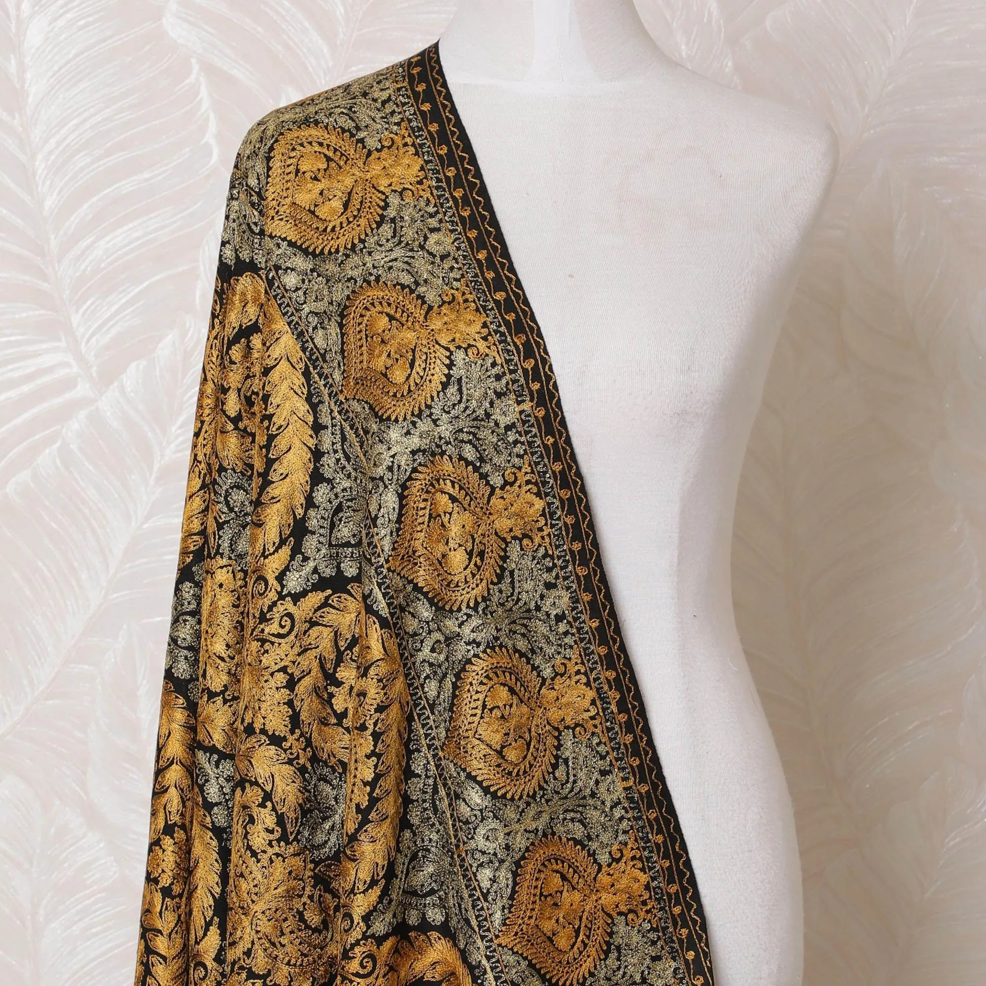 Black Premium pure kashmiri shawl with gold and mustard jacquard in floral design-D14942