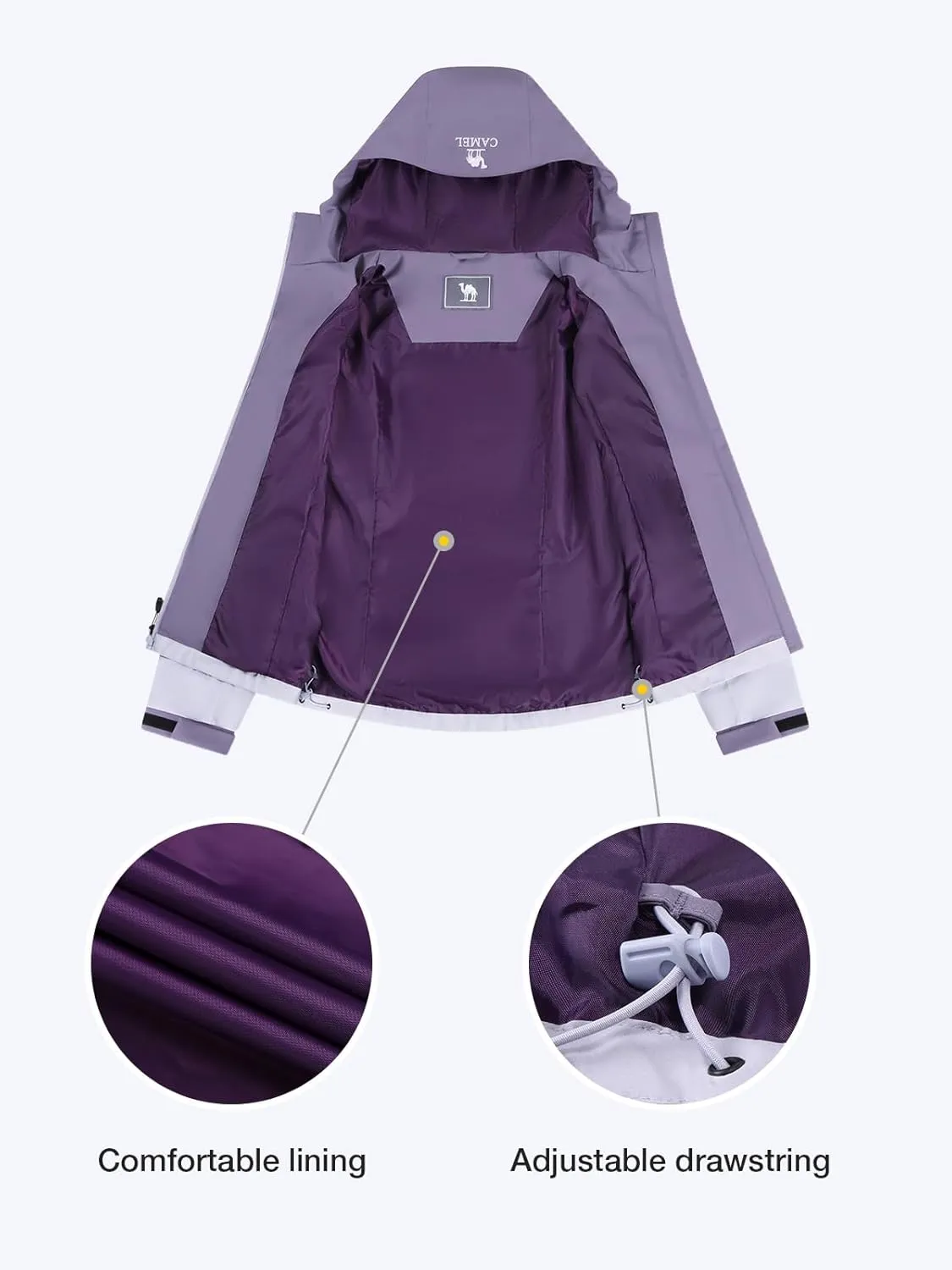 CAMEL Women's Rain Jacket Lightweight Waterproof Windbreaker Rain Coat with Hood Softshell Jacket for Outdoor Adventure