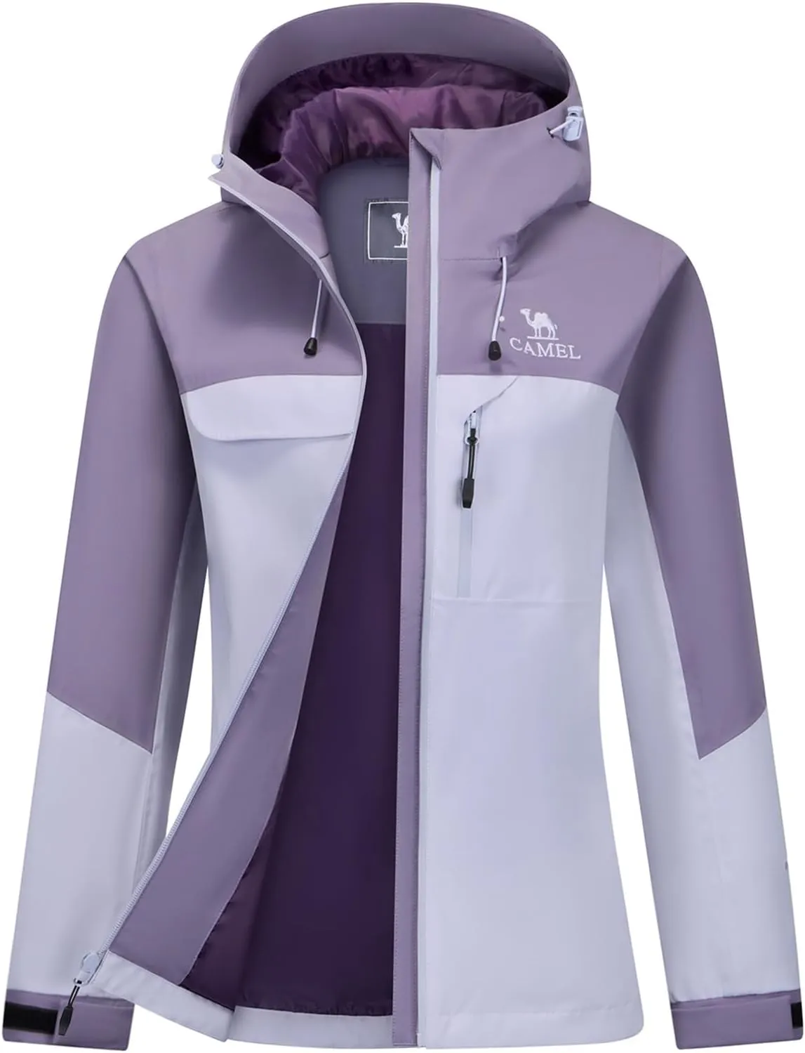 CAMEL Women's Rain Jacket Lightweight Waterproof Windbreaker Rain Coat with Hood Softshell Jacket for Outdoor Adventure