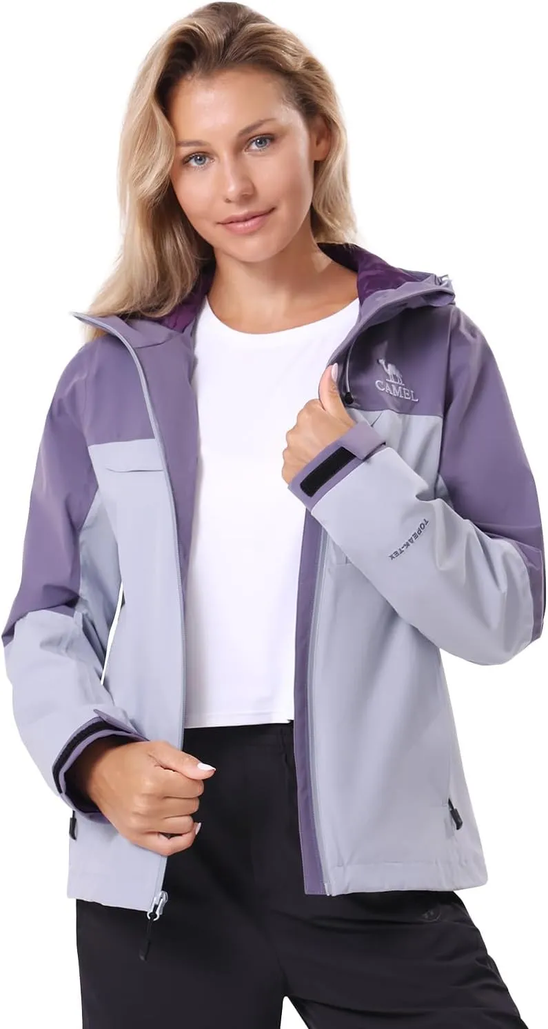 CAMEL Women's Rain Jacket Lightweight Waterproof Windbreaker Rain Coat with Hood Softshell Jacket for Outdoor Adventure
