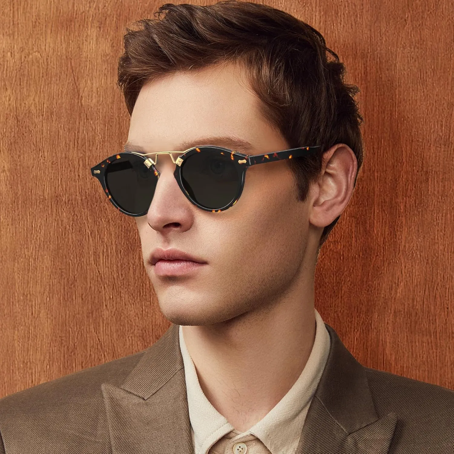 CARFIA Double Bridge Acetate Polarized Sunglasses for Men UV Protection, Retro Cool Male Eyewears Metal Brow Round Sunnies