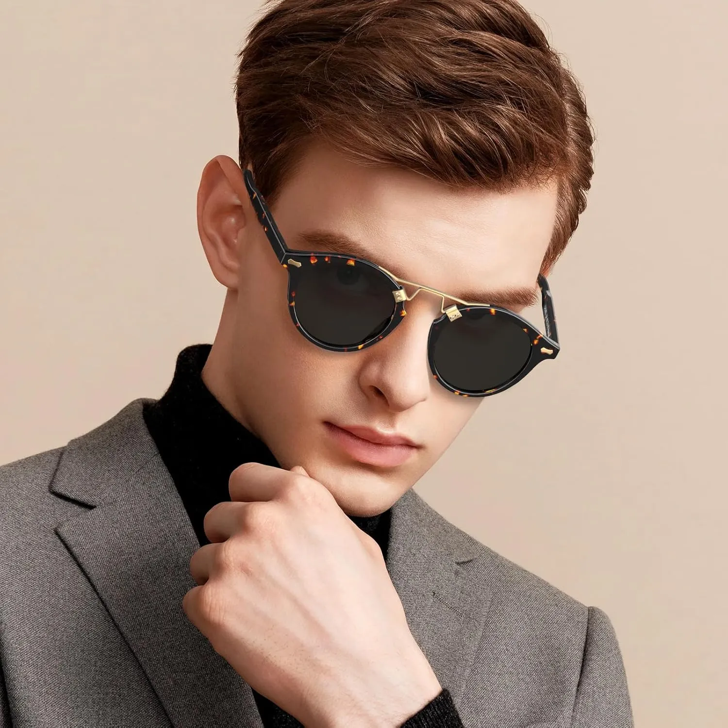 CARFIA Double Bridge Acetate Polarized Sunglasses for Men UV Protection, Retro Cool Male Eyewears Metal Brow Round Sunnies