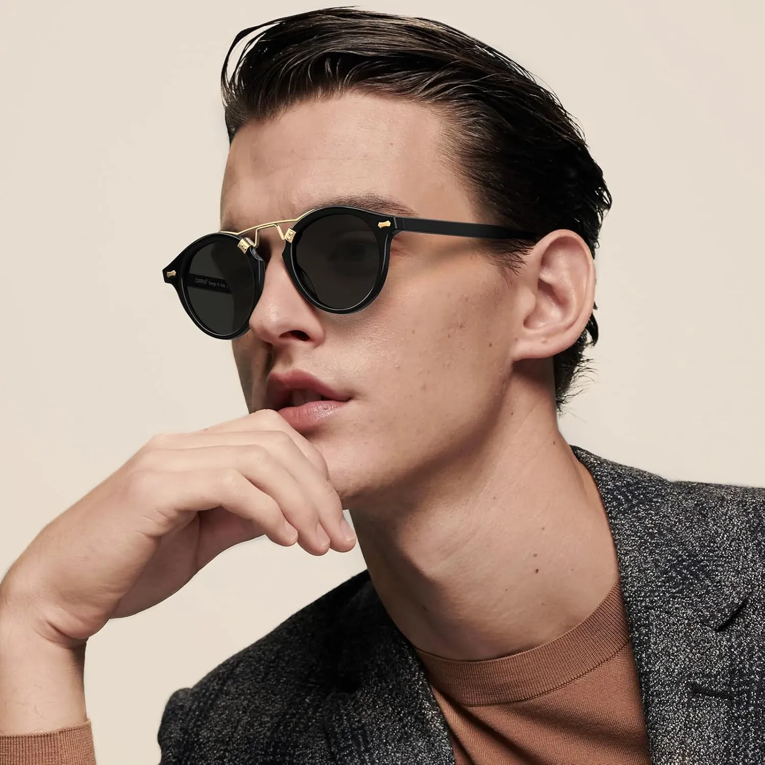 CARFIA Double Bridge Acetate Polarized Sunglasses for Men UV Protection, Retro Cool Male Eyewears Metal Brow Round Sunnies