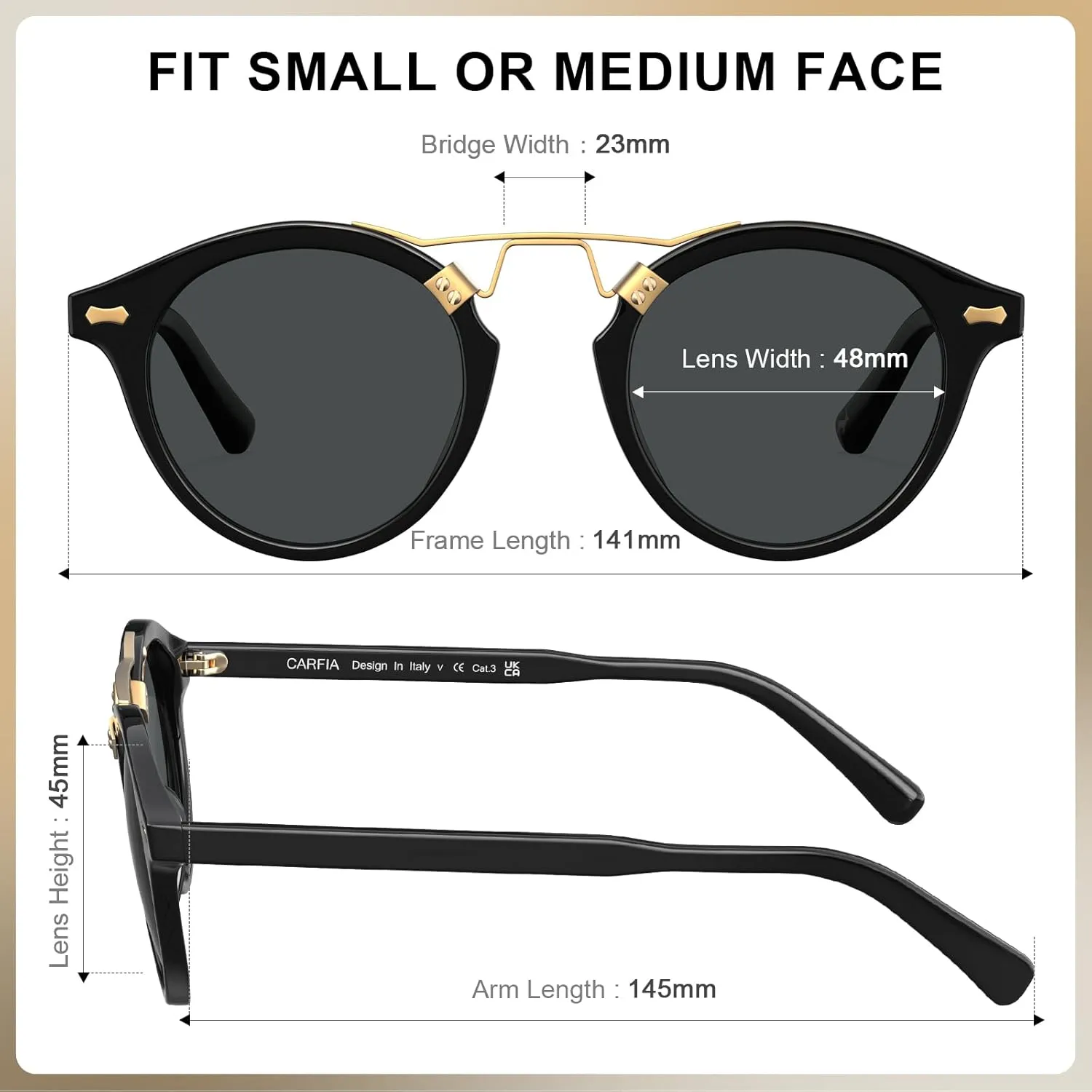 CARFIA Double Bridge Acetate Polarized Sunglasses for Men UV Protection, Retro Cool Male Eyewears Metal Brow Round Sunnies