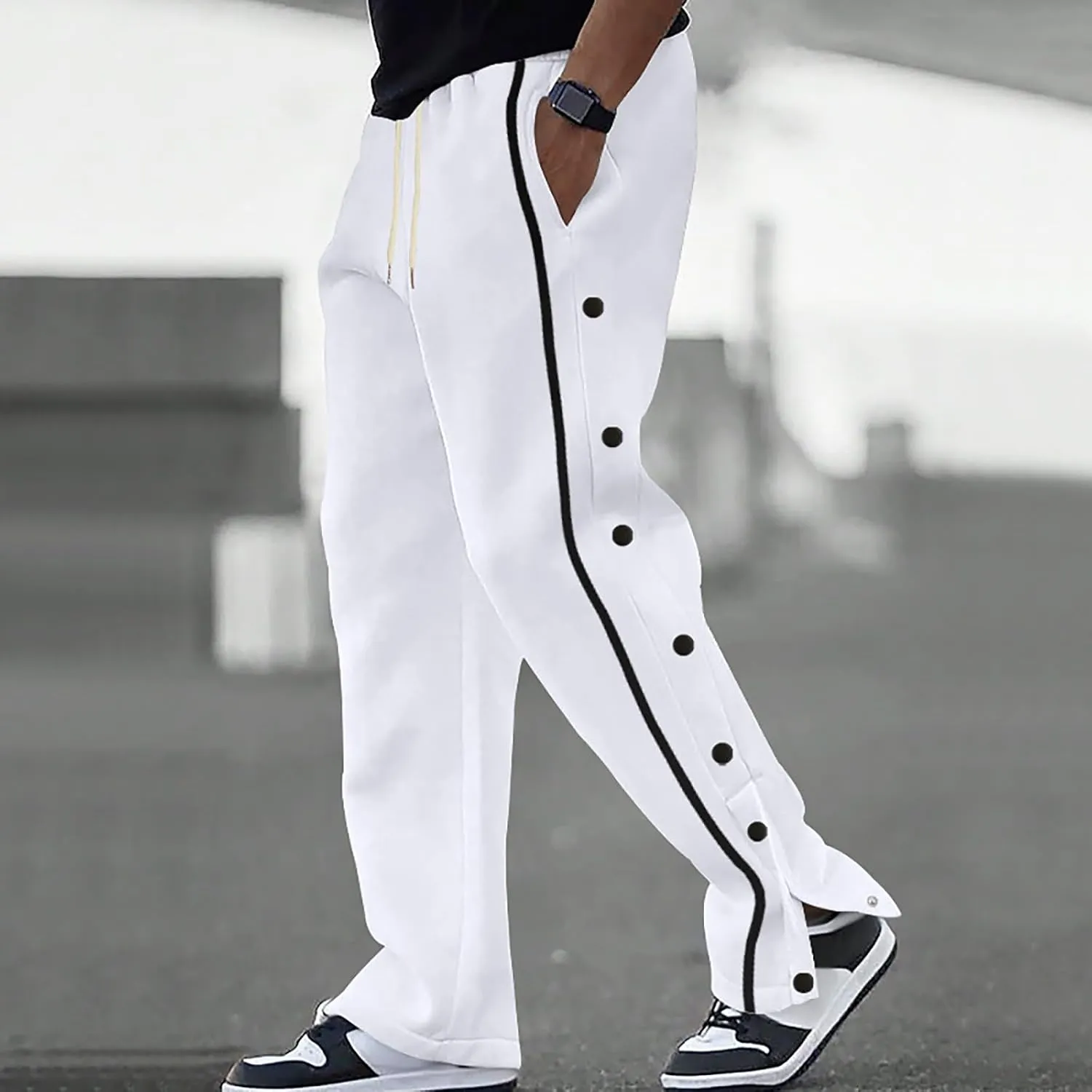 Casual Sweatpants for Men Side Button Elastic Waist Drawstring Active Running Jogging Pants Not Tear Away