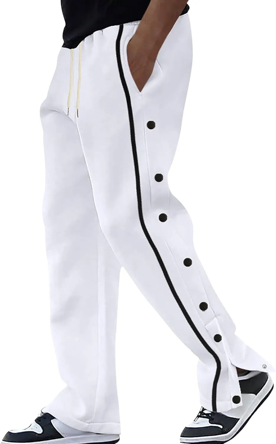 Casual Sweatpants for Men Side Button Elastic Waist Drawstring Active Running Jogging Pants Not Tear Away