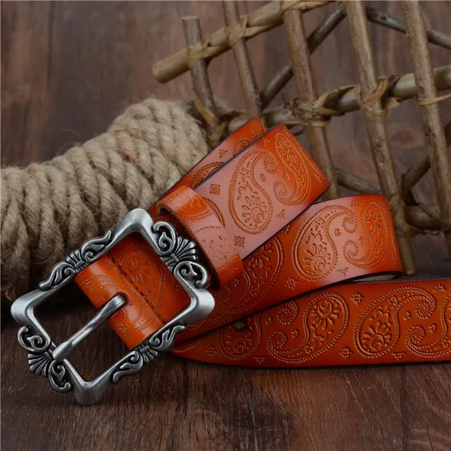 COWATHER 2017 cow genuine leather belts for Women luxury strap female belt Cashew flowers high quality pin buckle 3.2cm XF022
