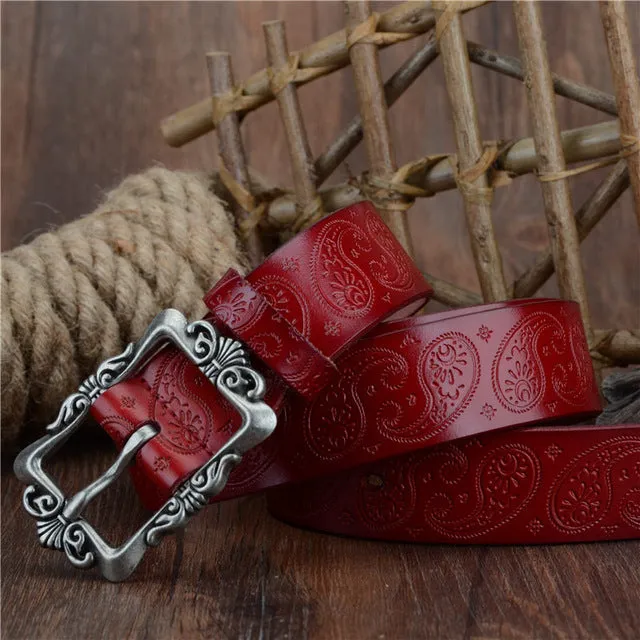 COWATHER 2017 cow genuine leather belts for Women luxury strap female belt Cashew flowers high quality pin buckle 3.2cm XF022