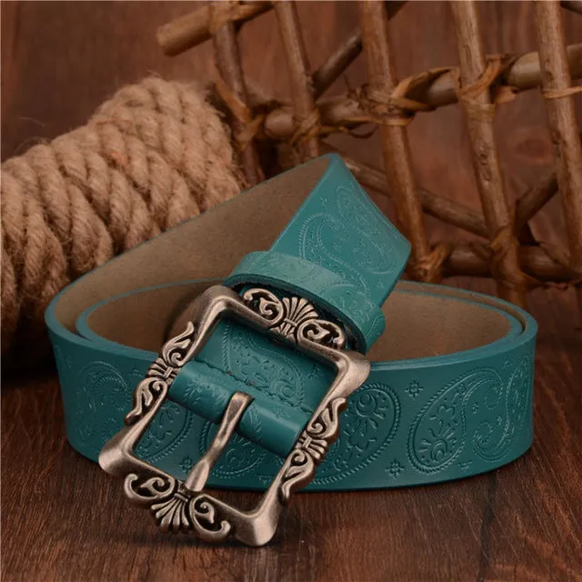 COWATHER 2017 cow genuine leather belts for Women luxury strap female belt Cashew flowers high quality pin buckle 3.2cm XF022