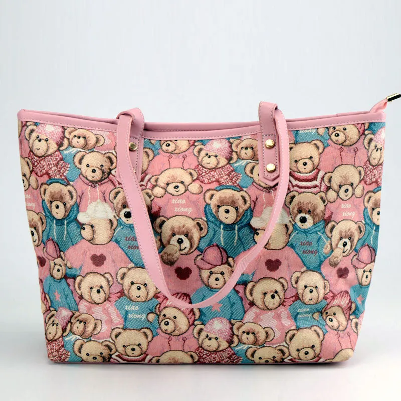 Cute Teddy Bear Print Canvas Large Tote Bags #22