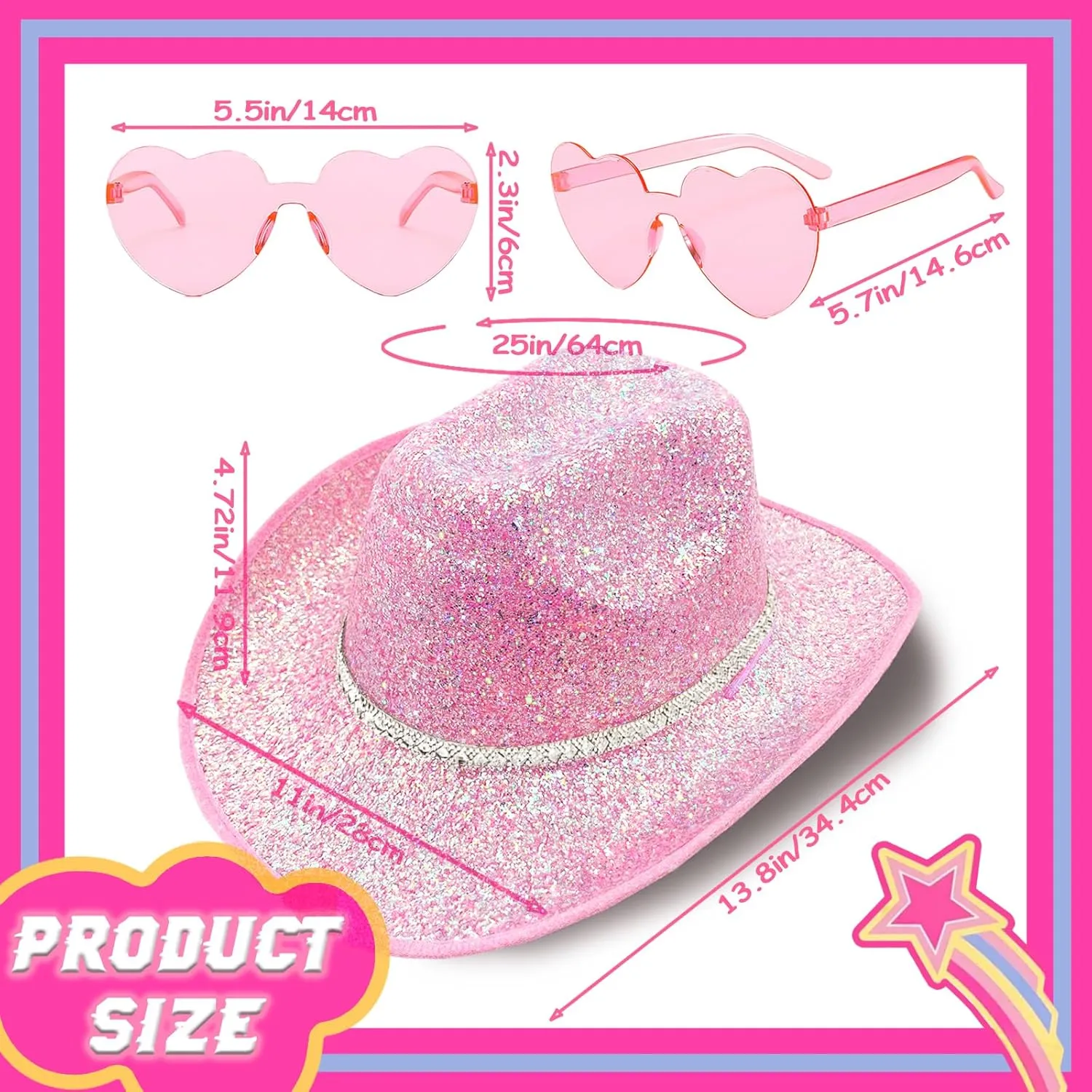 DAJOOEE Cowgirl Hat with Heart Sunglasses Sequin Glitter Cowboy Hat for Women Cosplay Bachelor Party Costume Hats