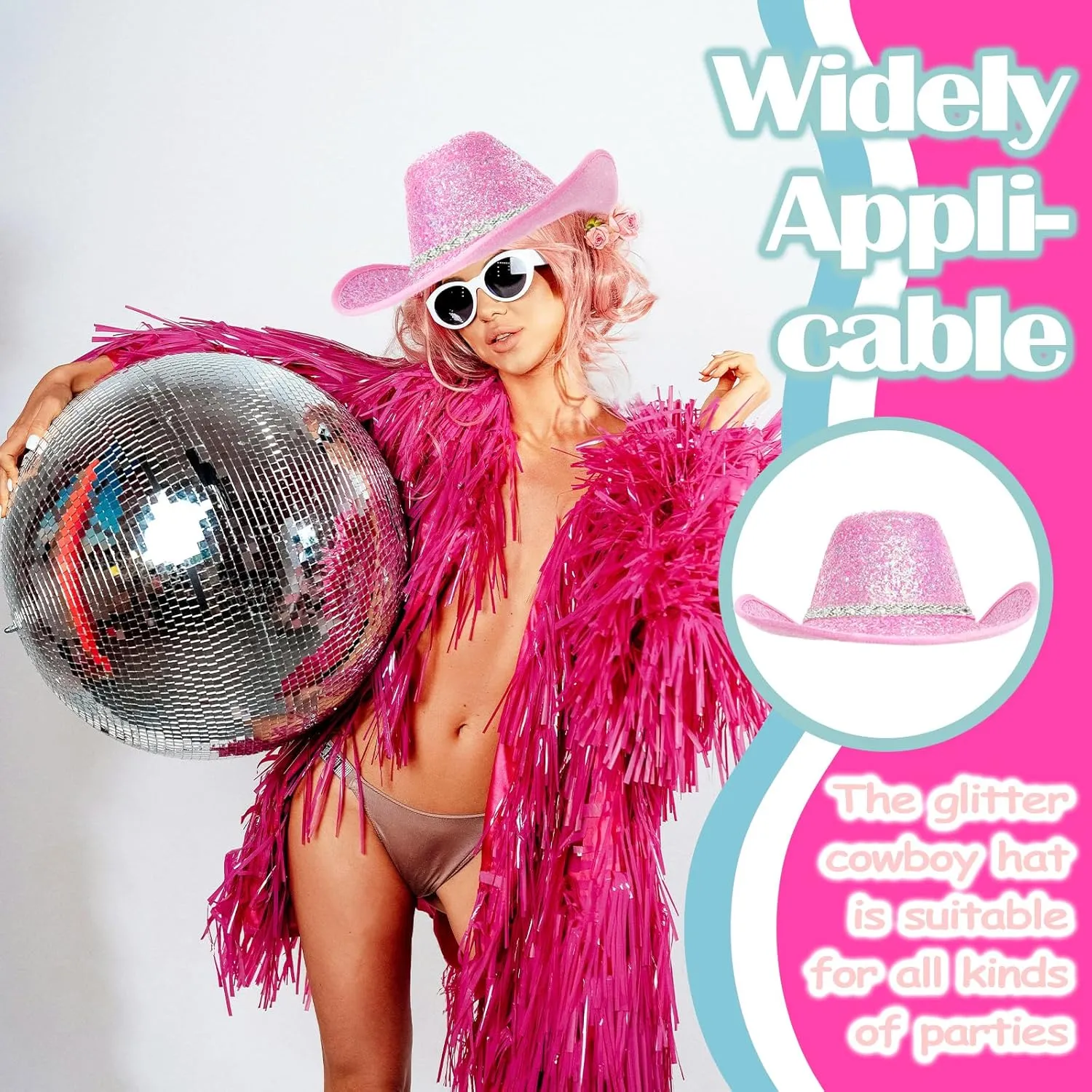 DAJOOEE Cowgirl Hat with Heart Sunglasses Sequin Glitter Cowboy Hat for Women Cosplay Bachelor Party Costume Hats