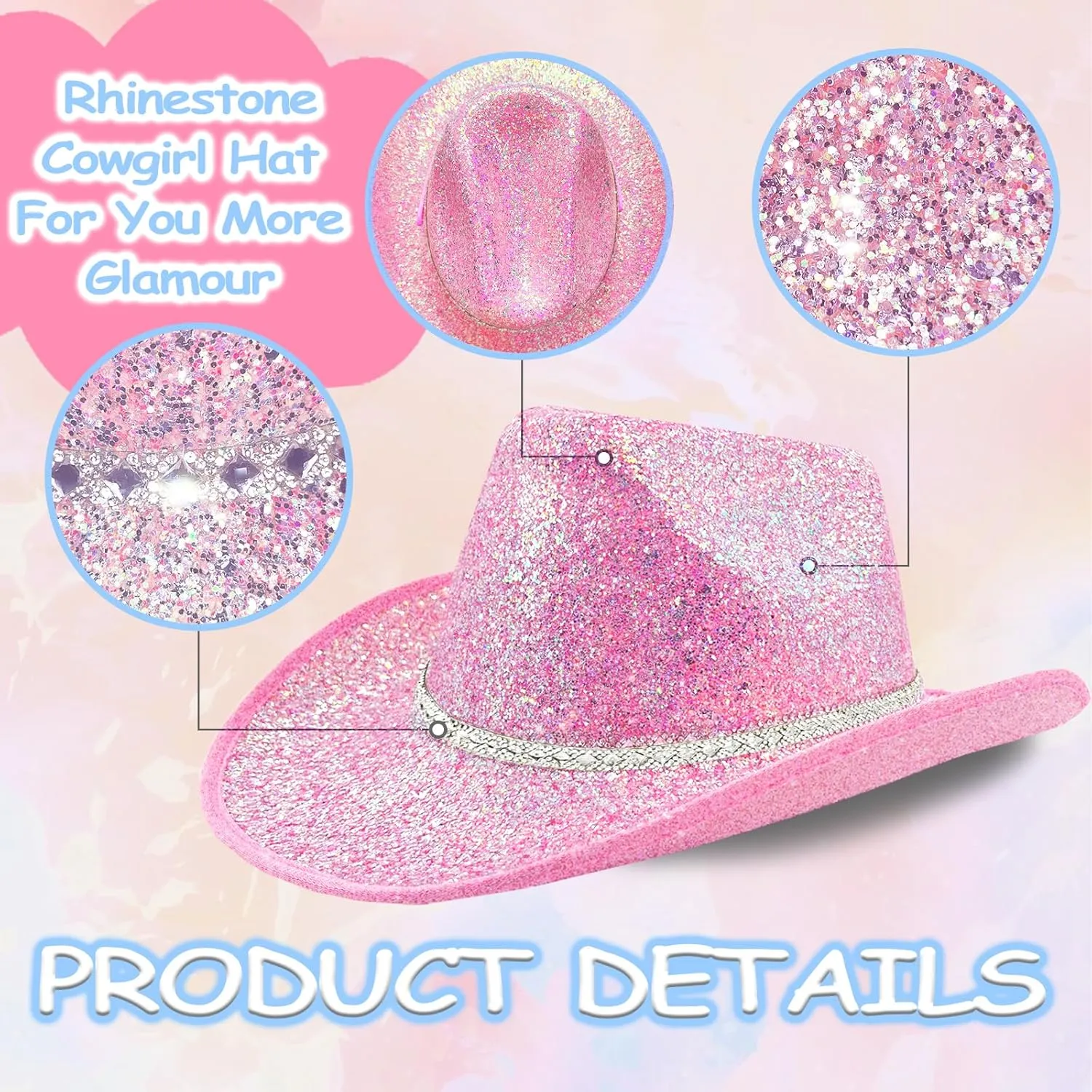 DAJOOEE Cowgirl Hat with Heart Sunglasses Sequin Glitter Cowboy Hat for Women Cosplay Bachelor Party Costume Hats