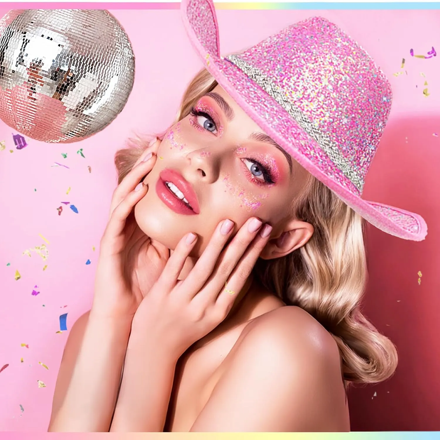 DAJOOEE Cowgirl Hat with Heart Sunglasses Sequin Glitter Cowboy Hat for Women Cosplay Bachelor Party Costume Hats