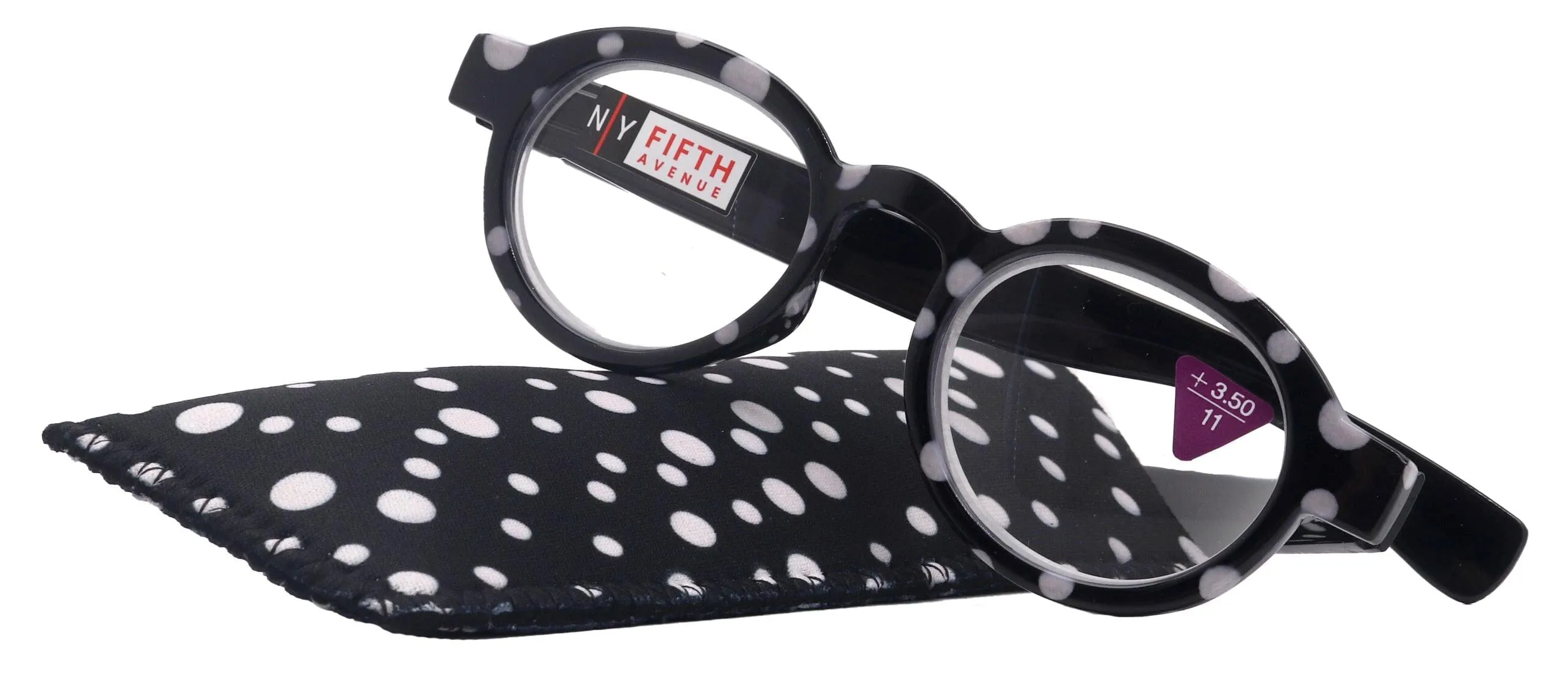 Dotty Chic, Round Reading Glasses for Women (Black) frames with playful polka-dot pattern:  1.25  3  NY Fifth Avenue
