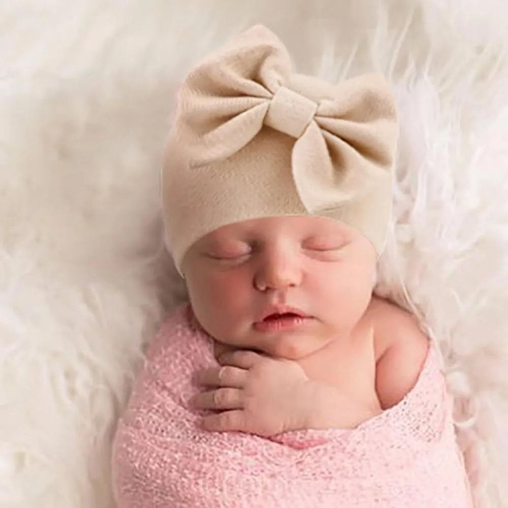 DRESHOW BQUBO Newborn Baby Girls Hats Hospital Hat Baby Cotton Beanie Infant Big Bow Hats for 0-24 Months