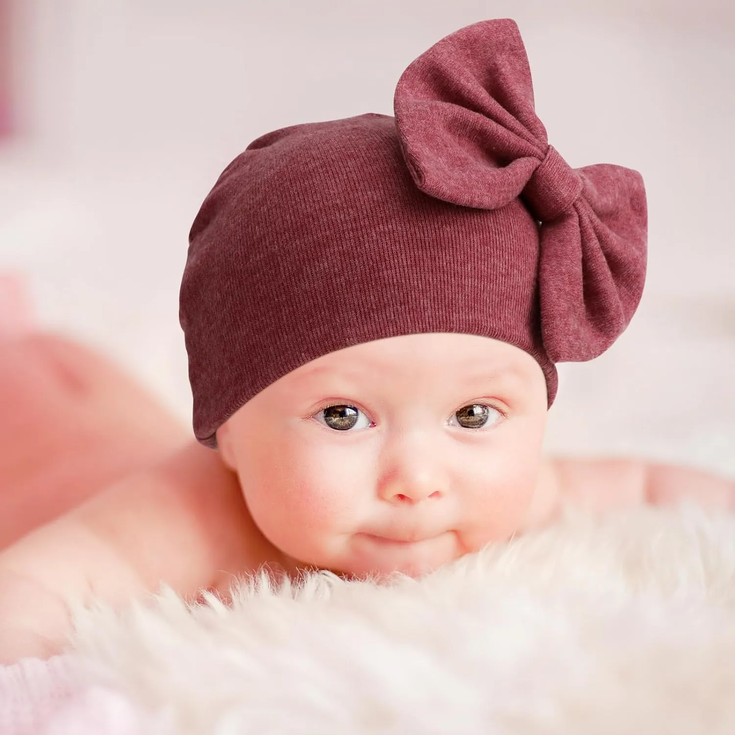 DRESHOW BQUBO Newborn Baby Girls Hats Hospital Hat Baby Cotton Beanie Infant Big Bow Hats for 0-24 Months