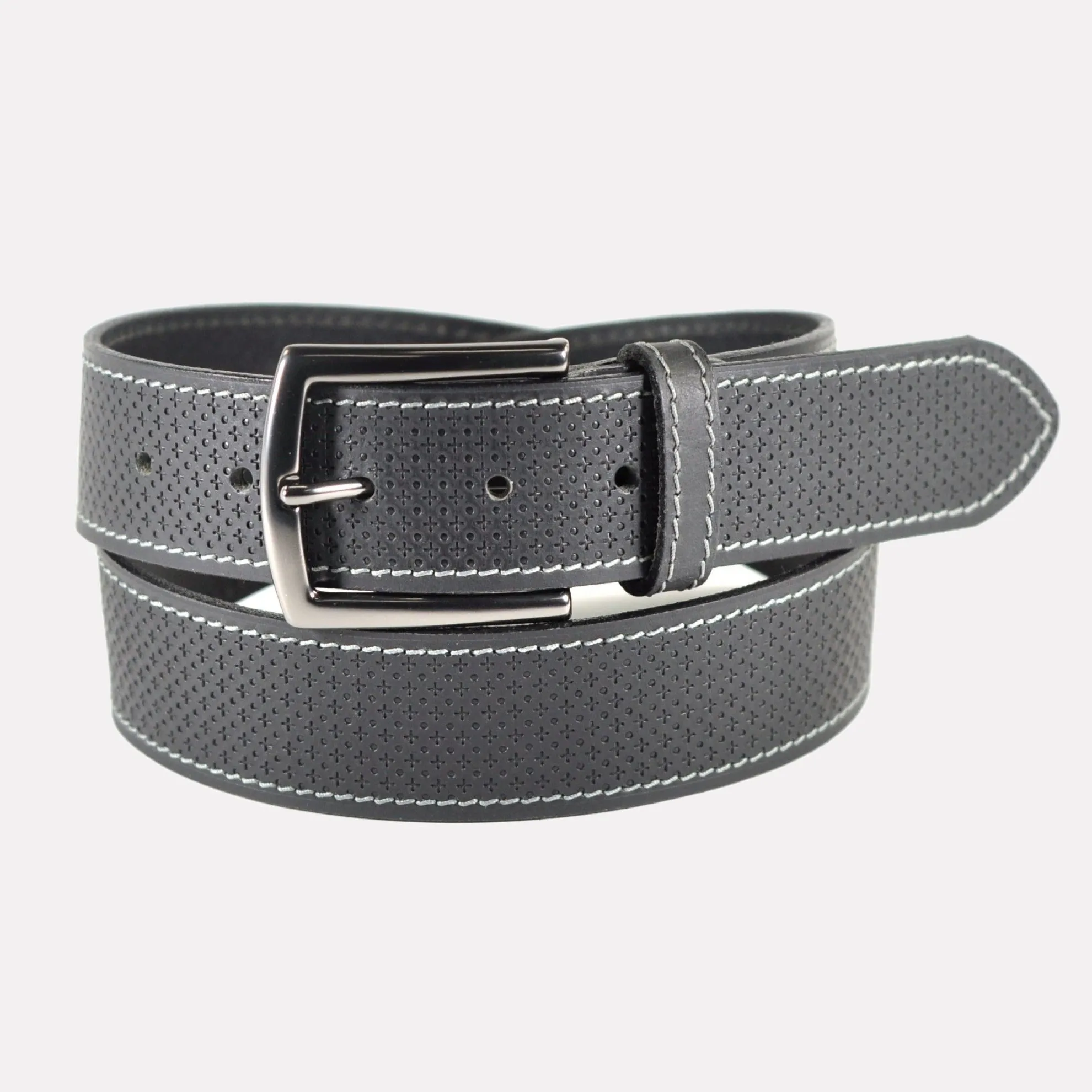 Embossed Antique Finished Leather Belt with Brushed Gunmetal Buckle / Antique Black