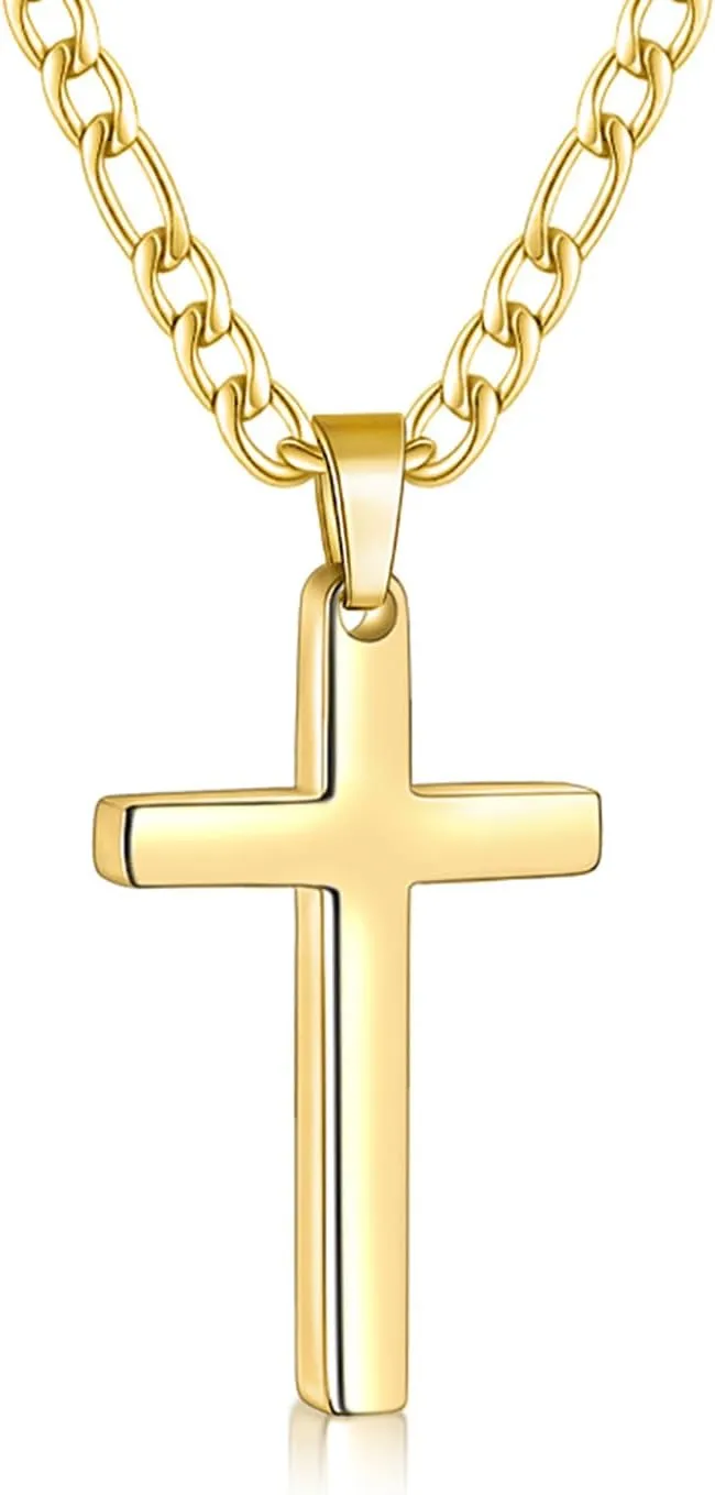 Fiusem Gold Plated Cross Necklace for Men, Stainless Steel Mens Cross Necklaces with 3.5mm Figaro Chain, Pendant Chain 16-24 Inches, Jewelry Gift