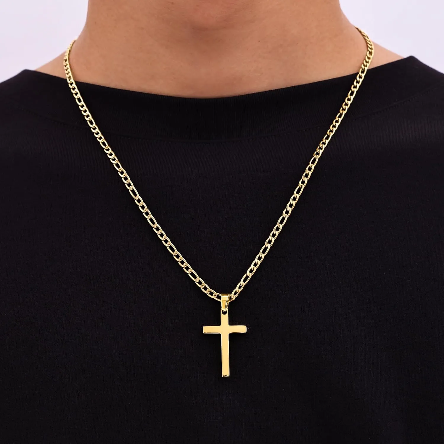 Fiusem Gold Plated Cross Necklace for Men, Stainless Steel Mens Cross Necklaces with 3.5mm Figaro Chain, Pendant Chain 16-24 Inches, Jewelry Gift